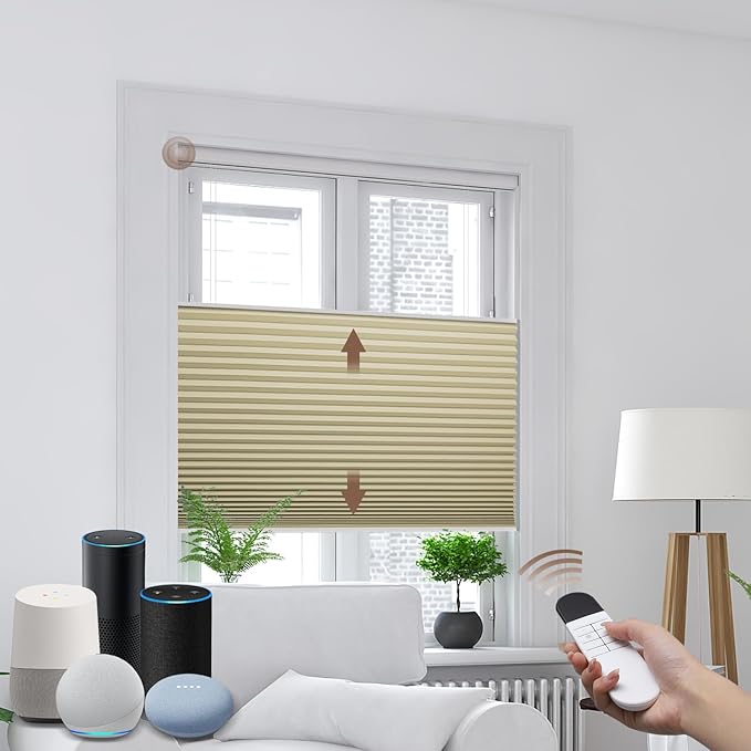 Godark Motorized TDBU Cellular Shades with Remote Control Smart Honeycomb Blinds Compatible with Alexa Google Home Smarthings Custom Double Cellular Blackout for Indoor Windows Doors-Beige