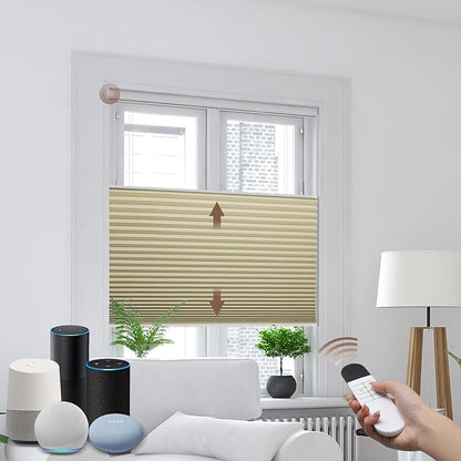 Godark Motorized TDBU Cellular Shades with Remote Control Smart Honeycomb Blinds Compatible with Alexa Google Home Smarthings Custom Double Cellular Blackout for Indoor Windows Doors-Beige