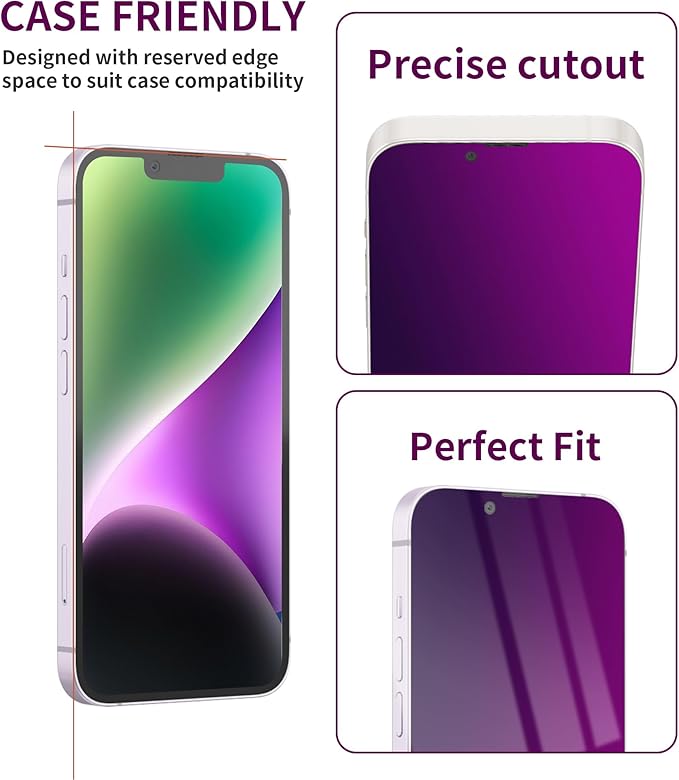 2 Pack Privacy Screen Protector for iPhone 14/13 Pro/13 Tempered Glass 6.1inch Private Saver Purple Anti-Spy Anti-Blue Light Anti-Scratch Full Coverage