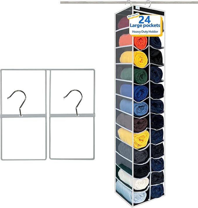 Closet Organization,24 Section, Hanging Closet Organizer, Space saving, College Dorm Essentials for Girls, heavy dutys hooks Up to 45 Pounds, Clothes Storage,Closet Organizer,Black/White