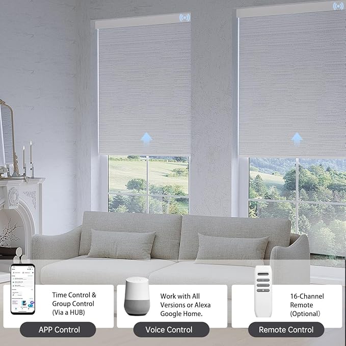 Motorized Blinds with Remote, Blackout Smart Blinds for Windows Automatic Shades Compatible with Alexa, Motorized Shades Customized for Bedroom Home Office (Blackout-Jacquard White)