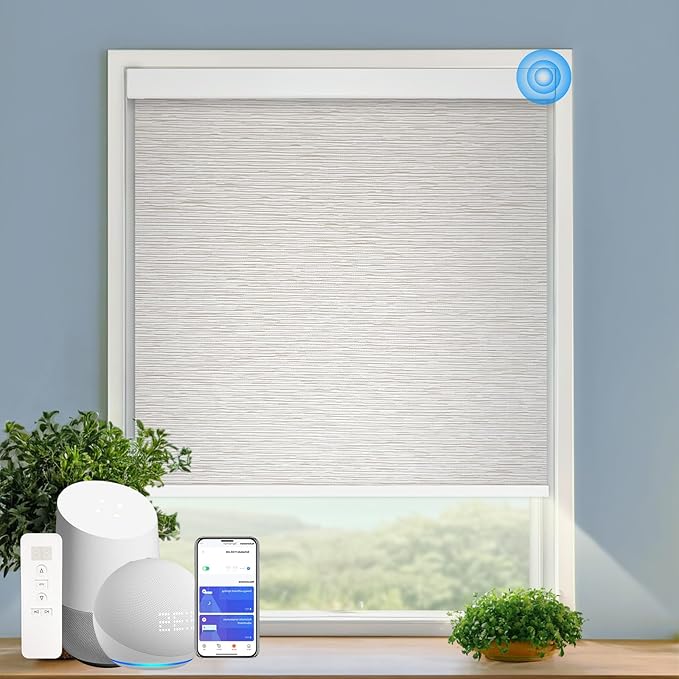 Motorized Blinds with Remote Cordless Automatic Motorized Shades Custom Blinds for Windows Smart Curtains Compatible with Alexa Google Home(Light Filtering Jacquard Beige,W53 x H72in)