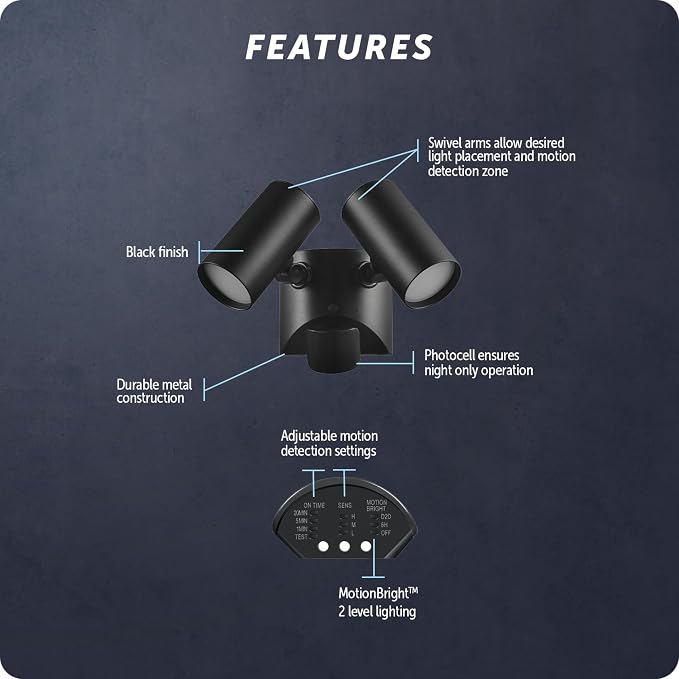 Globe Electric 180-Degree 22W Twin Head Black Hardwired Motion Activated Diecast Architectural Security Light, Spotlight, Outdoor, Outside House Lights