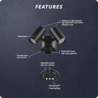 Globe Electric 180-Degree 22W Twin Head Black Hardwired Motion Activated Diecast Architectural Security Light, Spotlight, Outdoor, Outside House Lights