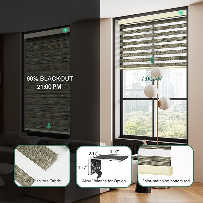 Motorized Zebra Blinds with Remote [Dual Layer + Light Filtering] 60% Blackout Smart Shades for Indoor Windows, Alexa Google and HomeKit Compatible, Customized Size, Woven Slate