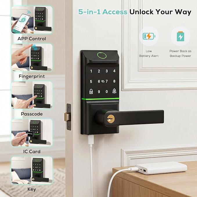 Smart Door Lock Keyless Entry, 6-in-1 Biometric Deadbolt w/Fingerprint, Keypad, IC Card, APP, Key, Type-C Charging, IP65 Waterproof, Bluetooth, Doorbell & Auto-Lock for Front Door Home Security