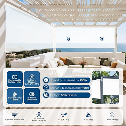 Motorized Outdoor Shades, Custom Patio Roller Blinds with Remote, Smart Exterior Sun Shades Compatible with Alexa, HomeKit, Google Home (3% Openness White)