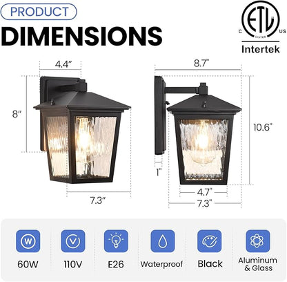 Wall Light, Exterior Waterproof Sconce in Black, Anti-Rust Light Fixture with Water Glass, Modern Outdoor Lantern for House Balcony Entryway Garage