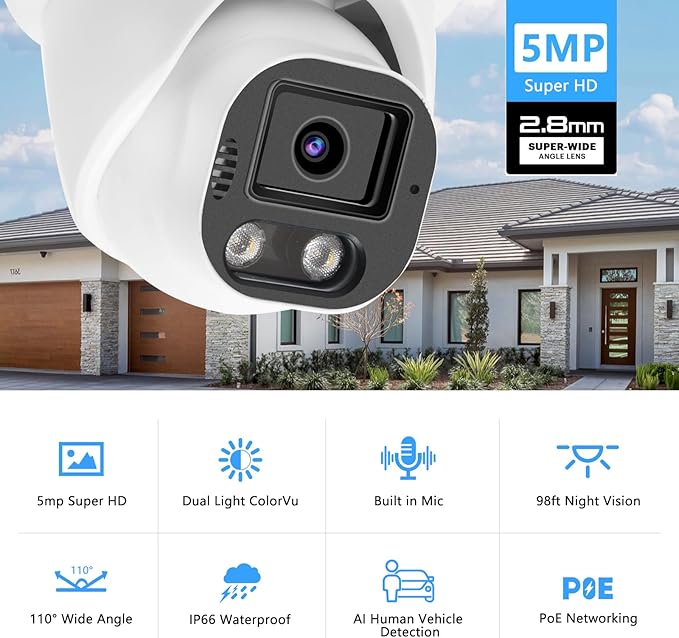 5MP PoE IP Color Night Vision Camera, Smart Dual Light Dome Security IP Camera, Built-in Mic, 98ft Night Vision, 110°Wide Angle, Human Vehicle Detection