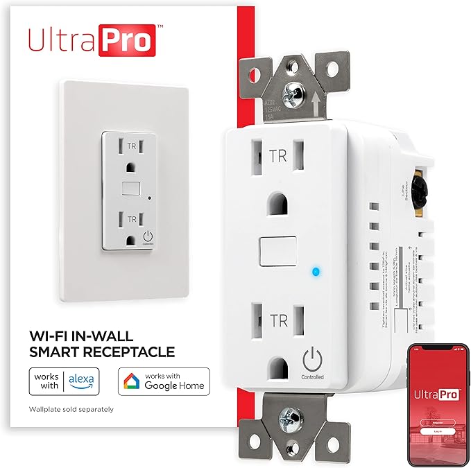 UltraPro In-Wall Smart Outlet, Receptacle, 2.4 GHz Wi-Fi, No Hub Required, Works with Alexa & Google Assistant, Tamper-Resistant, 1 Wi-Fi & 1 Always On Outlet, Simple Setup, Easy-To-Use-App, 51400