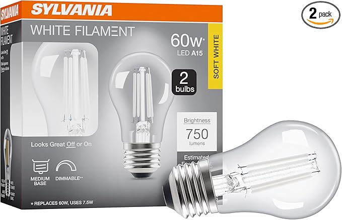 Sylvania LED White Filament Refrigerator Light Bulb, Soft White 2700K, A15 Fridge Light Bulb, Appliance Bulb for Ceiling Fan Light Bulbs, 60W, Dimmable, 750 LMS, Medium Base - 2 Pack (42247)