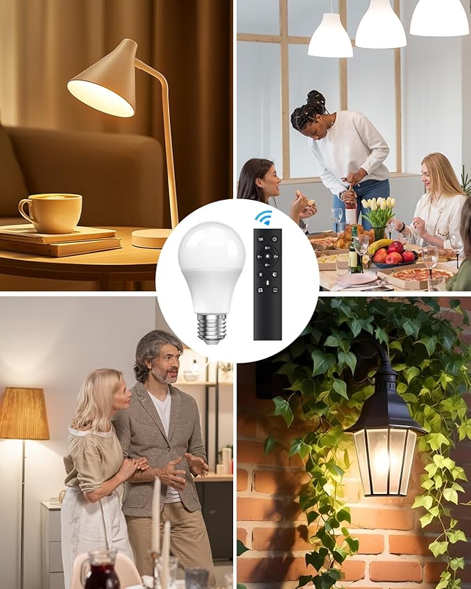 A19 LED Light Bulbs with Remote Control, 9W LED Bulbs 60W Equivalent, 3000K-6000K Stepless Dimmable, E26 Base, Remote Control Light Bulbs with Timing, Memory Function, for Home Decor, 1Bulb & 1Remote