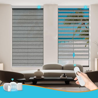 Motorized Zebra Blinds with Remote, Work with HomeKit Alexa, Smart Light Filtering Horizontal Automatic Electric Window Shades for Home Office Customsize(80% Blackout Oceanwave Grey)