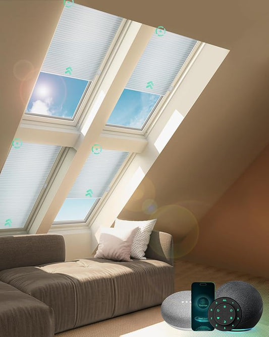 Yoolax Motorized Skylight Shades, Smart Cellular Shades Compatible with Alexa Google, Electric Cordless Honeycomb Blinds with Remote for Roof Inclined Plane Room (Light Filtering White)