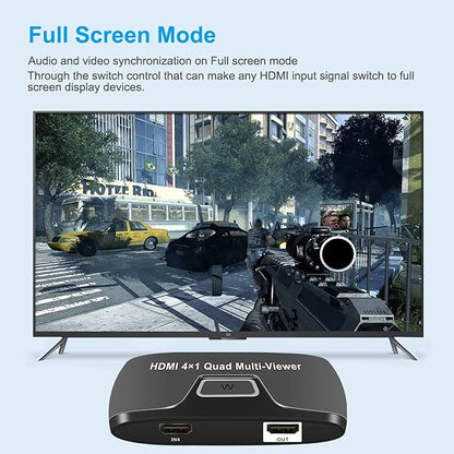 Quad Multi HDMI Viewer 4 in 1 Out HDMI Switcher 4 Ports Seamless Switcher Support 1080P for PS4/PC/DVD/Security Camera, Switch Output 2 Modes