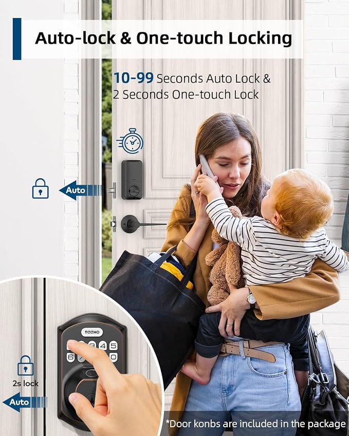 TEEHO TE002L Fingerprint Door Lock with 2 Lever Handles, Keyless Entry Deadbolt with Handle Set, Electronic Keypad Deadbolt for Front Door, Auto Lock and 1 Touch Locking, Oil Rubbed Bronze