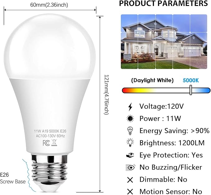 Brightever 6-Pack Dusk to Dawn LED Light Bulbs, A19 11W(100Watt Equivalent), E26 Basic Automatic On/Off, 1200LM, Daylight White 5000K Smart Sensor Lights, Outdoor for Porch Garage Yard Patio Garden