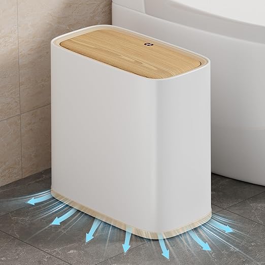 Bathroom Trash Can 2.6 Gal, Wheels, Air Vent, Faux Wood Top