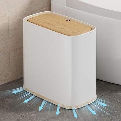 Bathroom Trash Can 2.6 Gal, Wheels, Air Vent, Faux Wood Top
