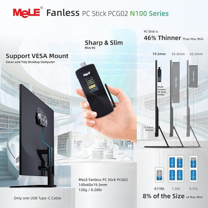 MeLE PCG02 N100 Mini PC Stick 8GB LPDDR5 128GB eMMC, Win11Pro Fanless Micro Desktop Computer Stick, Support HDMI + USB-C 4K Dual Display, 2.4G/5GHz WiFi BT5.1 GbE, for IoT, Digital Signage, Office