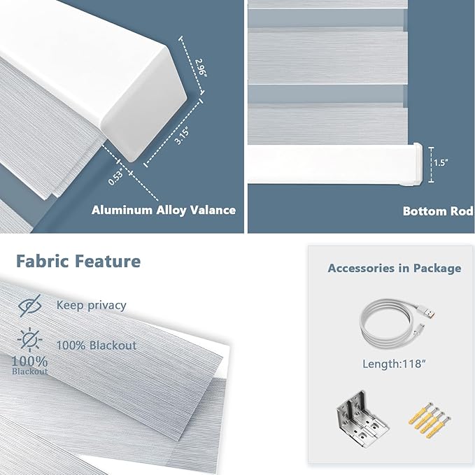 Motorized Zebra Blinds for Windows Cordless Electric Curtains with Remote Control Blackout Shades Custom Smart Blinds Compatible with Alexa Google Home(95% Blackout Grey,W22 X 72in)
