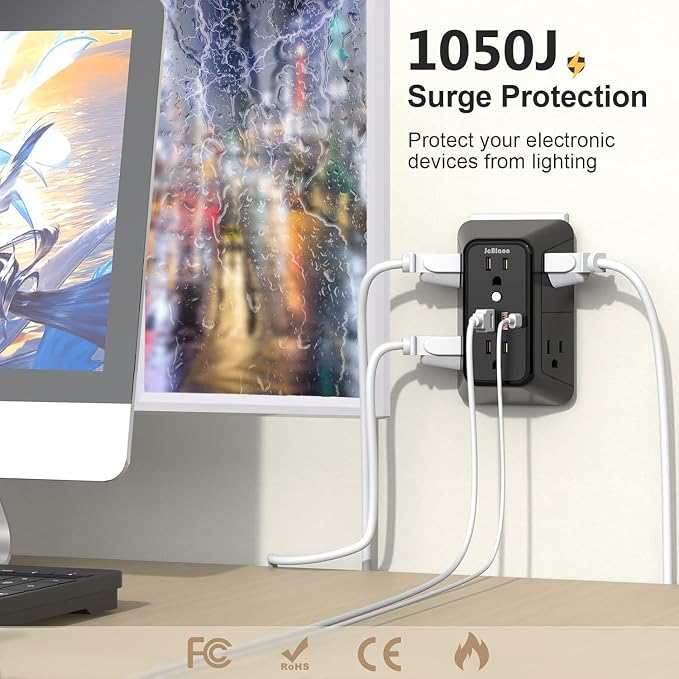 JcBlaon 3 Pack Outlet Extender Surge Protector, 6 Outlet Splitter with 4 USB Ports (2 USB C),1050J 3-Sided Multi Plug Wall Outlet, USB Wall Charger for Home Office Kitchen Travel（Black）-ETL
