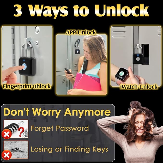 Fingerprint Padlock, Pothunder Smart Padlock, Locker Lock, Fingerprint Lock with APP Unlock, USB Rechargeable, Suitable for Gym Locker, Door(Black)