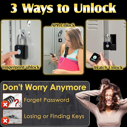 Fingerprint Padlock, Pothunder Smart Padlock, Locker Lock, Fingerprint Lock with APP Unlock, USB Rechargeable, Suitable for Gym Locker, Door(Black)