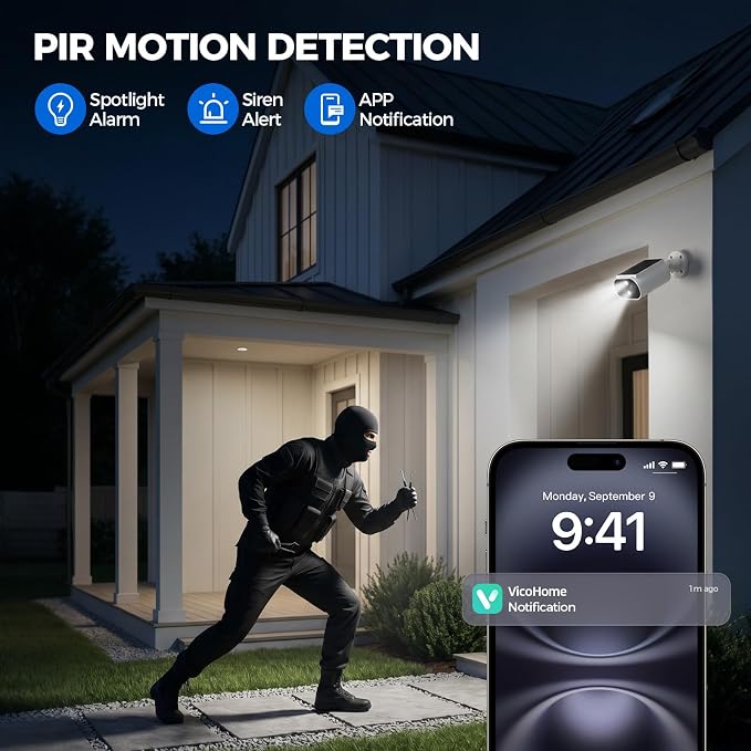 AlkiVision Solar Security Cameras Wireless Outdoor - 2K Night Color Vision for Outdoor Security, 360° View, AI Motion Detection, Spotlight, 2-Way Audio, Siren, IP67 Waterproof, SD/Cloud Storage, 4Pcs