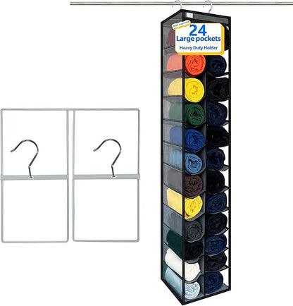 Closet Organization,24 Section, Hanging Closet Organizer, Space Saving, College Dorm Essentials for Girls, Heavy dutys Hooks Up to 45 Pounds, Clothes Storage,Closet Organizer,Grey/Black