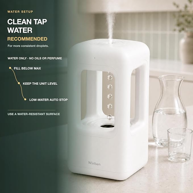 600mL Mini Cool Mist Humidifier with Anti-Gravity Water Drop Display for Bedroom, Nightstand and Personal Spaces, Plug-In, Pearl White