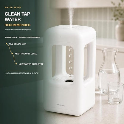 600mL Mini Cool Mist Humidifier with Anti-Gravity Water Drop Display for Bedroom, Nightstand and Personal Spaces, Plug-In, Pearl White
