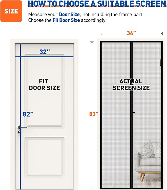 MAGZO Magnetic Screen Door Fit Door Size 32 x 82 Inch, Screen Size 34" x 83" Strong Magnets Door Mesh, Reinforced Fiberglass Door Net for Patio Door, Gray