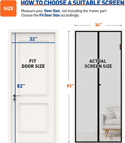MAGZO Magnetic Screen Door Fit Door Size 32 x 82 Inch, Screen Size 34" x 83" Strong Magnets Door Mesh, Reinforced Fiberglass Door Net for Patio Door, Gray