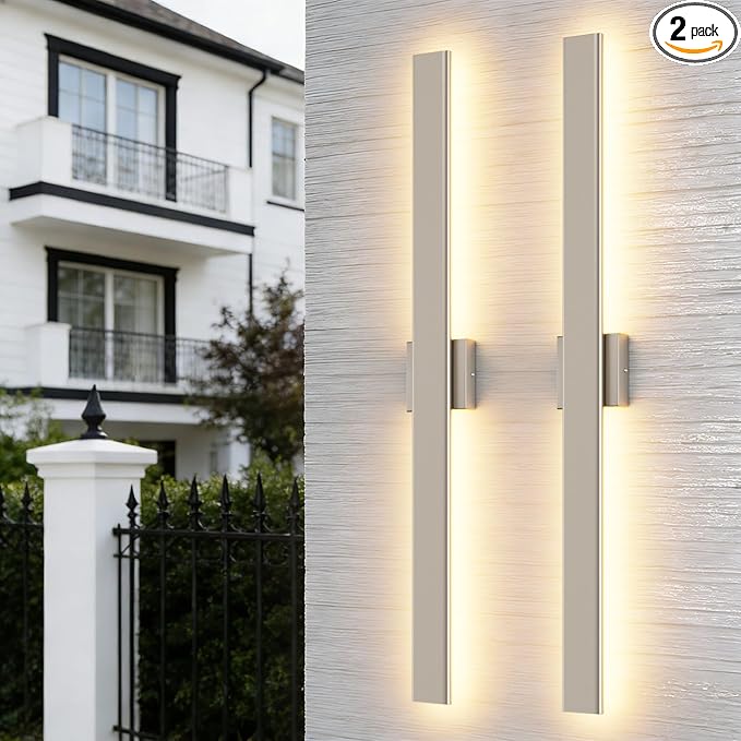 Aipsun 2 Packs Nickel Outdoor Wall Light 39.4inch Modern LED Exterior Wall Sconce, Long LED Linear Exterior Lights 3000K 4000K 6000K for Entrance, Hallway, Garage, Porch(3CCT)
