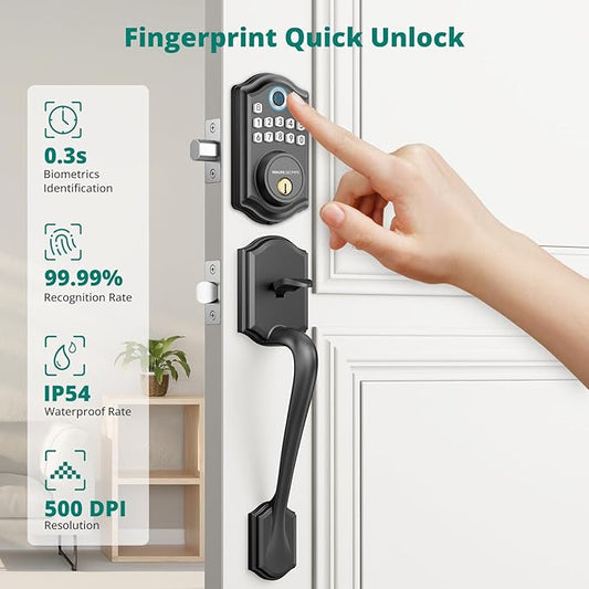 AkaGear DS10 Keyless Entry Door Lock with Handle Set - Fingerprint DeadBolt, Electronic Keypad Deadbolt, Smart Locks for Front Door, Auto-Lock & One Touch Locking, Easy Installation - Matte Black