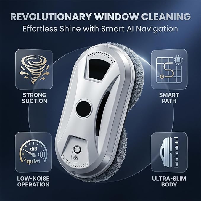 SakerPlus Automatic Smart Window Cleaning Robot, Dual Spinning Mop Pads, AI Smart Path, Remote Control, 20-Min UPS Backup, 90W Suction Cleaner for Windows, Glass, Walls & Tile