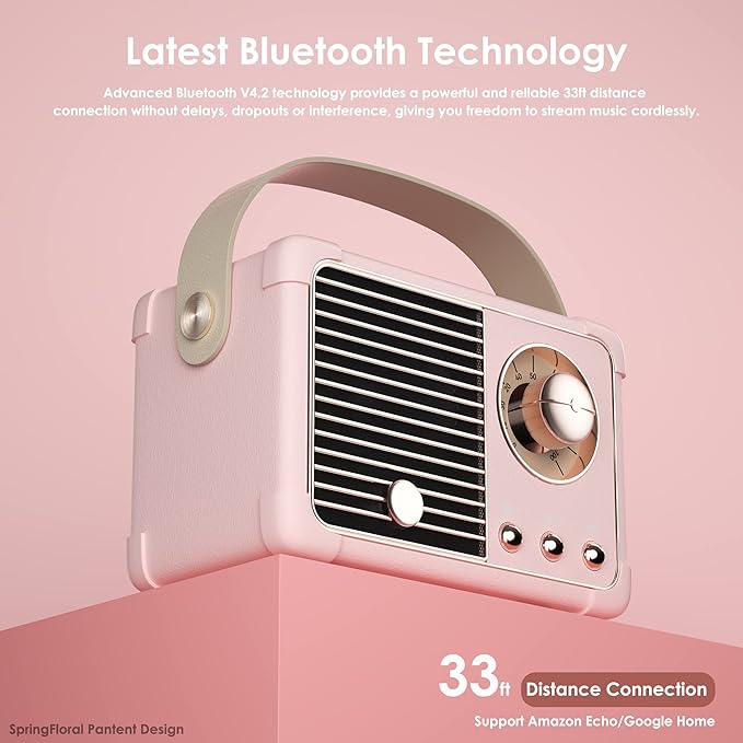 Retro Bluetooth Speaker, Portable Bluetooth Wireless Speaker, Hands-Free Call,400mA Battery,TF Card,Aux Line, for iPhone Android, Retro Decor for Home Office Birthday Gift Ideas Pink