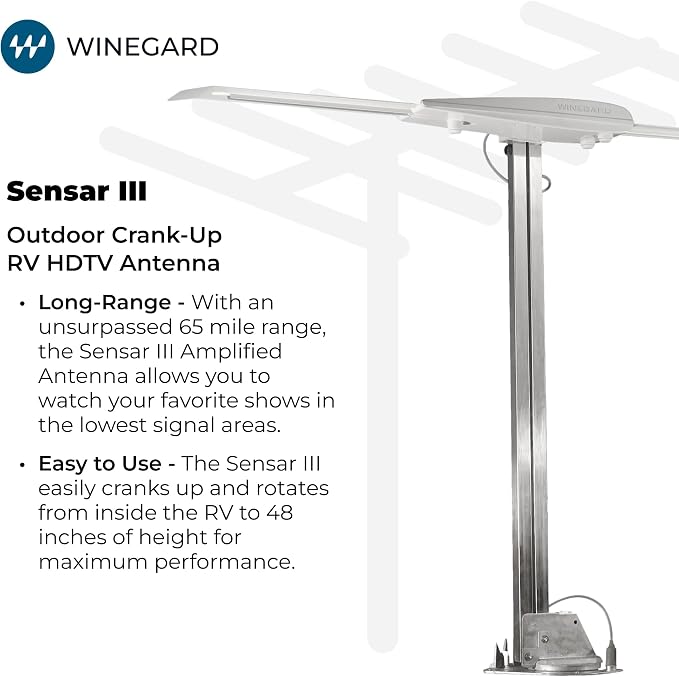 Winegard RV-3095 Sensar III Amplified Outdoor RV Antenna - Crank-Up Batwing HDTV - VHF/UHF, Digital, 4K Ready - Rotation Aiming 65 Mile Long Range - 48 Inch Raised Height