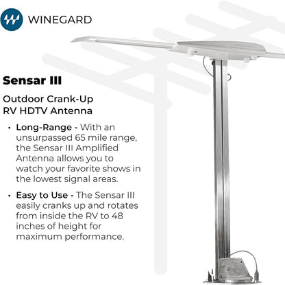 Winegard RV-3095 Sensar III Amplified Outdoor RV Antenna - Crank-Up Batwing HDTV - VHF/UHF, Digital, 4K Ready - Rotation Aiming 65 Mile Long Range - 48 Inch Raised Height
