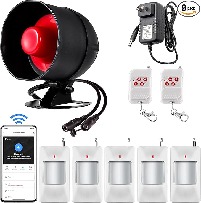 WiFi Alarm Home Security System, 120dB Alarm System with Motion Sensor and Remote Control, WiFi Siren for Shed Garage Alarm