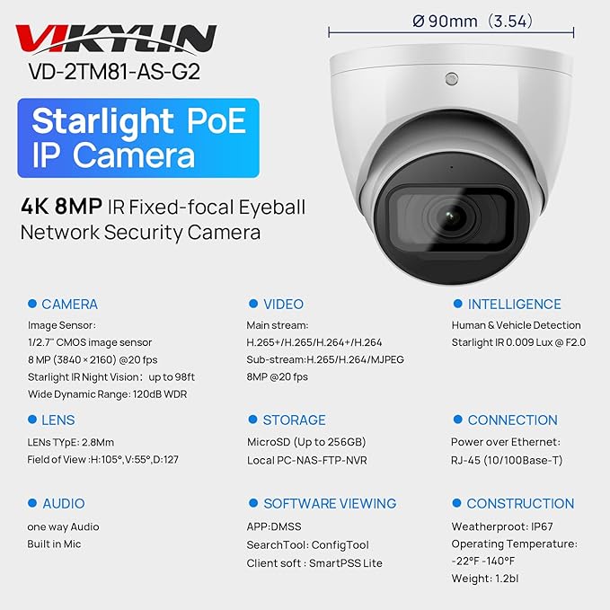 VIKYLIN 4K 8MP IP Security Camera,DMSS/SmartPss Lite,Starlight Dome with Built-in Mic, 256GB SD Card Slot, 2.8mm Lens, 98ft IR,IP67, Indoor Outdoor PoE Surveillance Camera