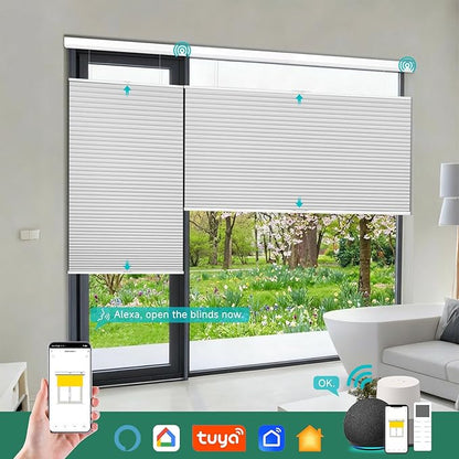 Motorized Top Down Bottom Up Blackout Cellular Shades with Remote, Custom Cordless Smart Honeycomb Blinds, Automatic Electric Window Blinds Work with Alexa Google for Home Office, Light Grey