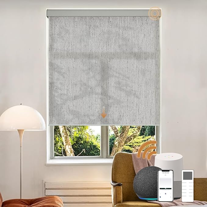 Motorized Light Filtering Roller Shades with Remote Control, Electric Smart Shades Compatible with Alexa and Google, Rechargeable, Customizable Size (Flax Gray)