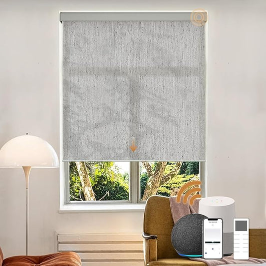 Motorized Light Filtering Roller Shades with Remote Control, Electric Smart Shades Compatible with Alexa and Google, Rechargeable, Customizable Size (Flax Gray)