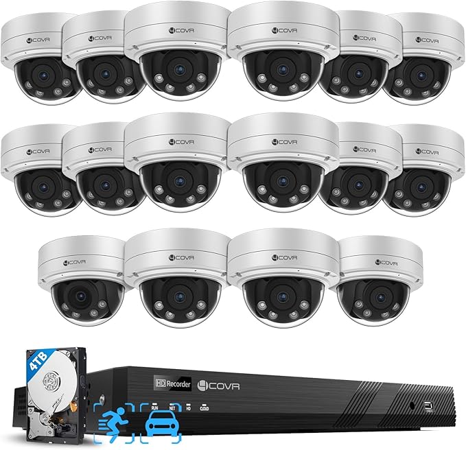 4COVR 16 Channel Security Camera System for Business, Human Vehicle Detection, 16x 5MP 2.8-12mm AutoFocus IK10 Vandal-Proof IP67 Dome Commercial IP PoE Camera, 16CH UHD NVR 4TB HDD, LY57BA5M1616