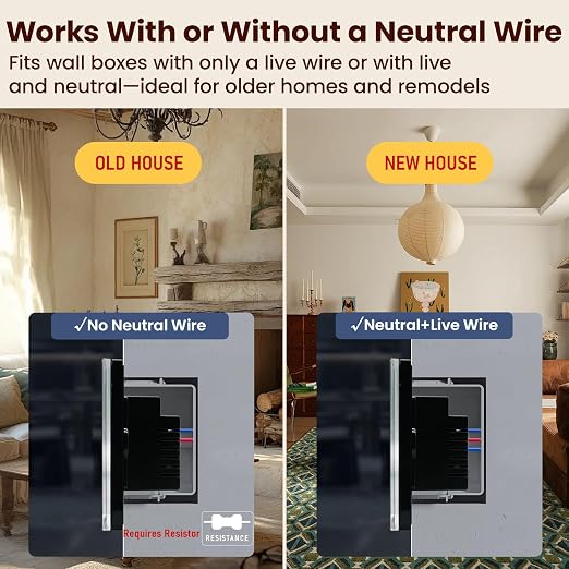 Smart Switch Neutral Wire Optional,APP Control,Black 1 Button | 4.65 X 2.83 X 1.34 Inches,Only 2.4GHz Wi-Fi,Voice Control,Work with Tuya/Smart Life/Alexa,Tempered Glass Panel