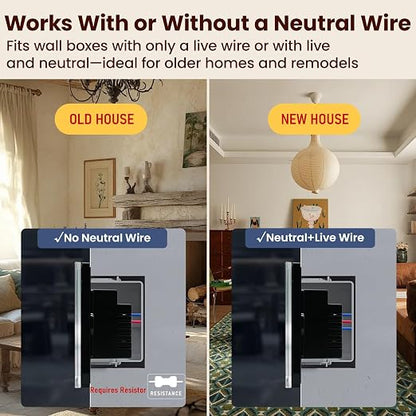 Smart Switch Neutral Wire Optional,APP Control,Black 1 Button | 4.65 X 2.83 X 1.34 Inches,Only 2.4GHz Wi-Fi,Voice Control,Work with Tuya/Smart Life/Alexa,Tempered Glass Panel