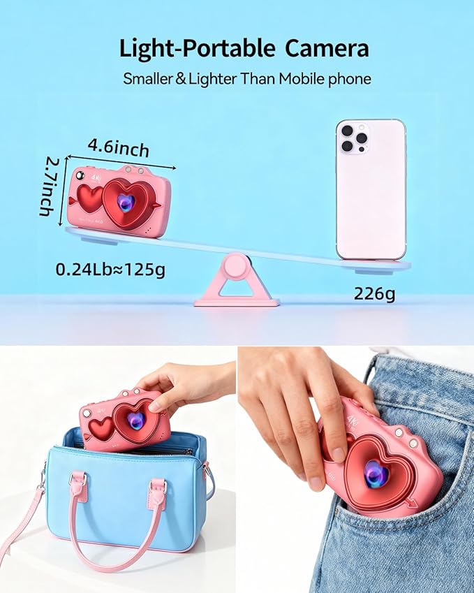 Digital Camera,4K 64MP Autofocus Vlogging Camera with Dual Lens,18X Zoom/WiFi/32GB Card/,Point and Shoot Cameras for Boys Girls Gifts (XJ700-Pink)