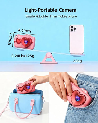 Digital Camera,4K 64MP Autofocus Vlogging Camera with Dual Lens,18X Zoom/WiFi/32GB Card/,Point and Shoot Cameras for Boys Girls Gifts (XJ700-Pink)